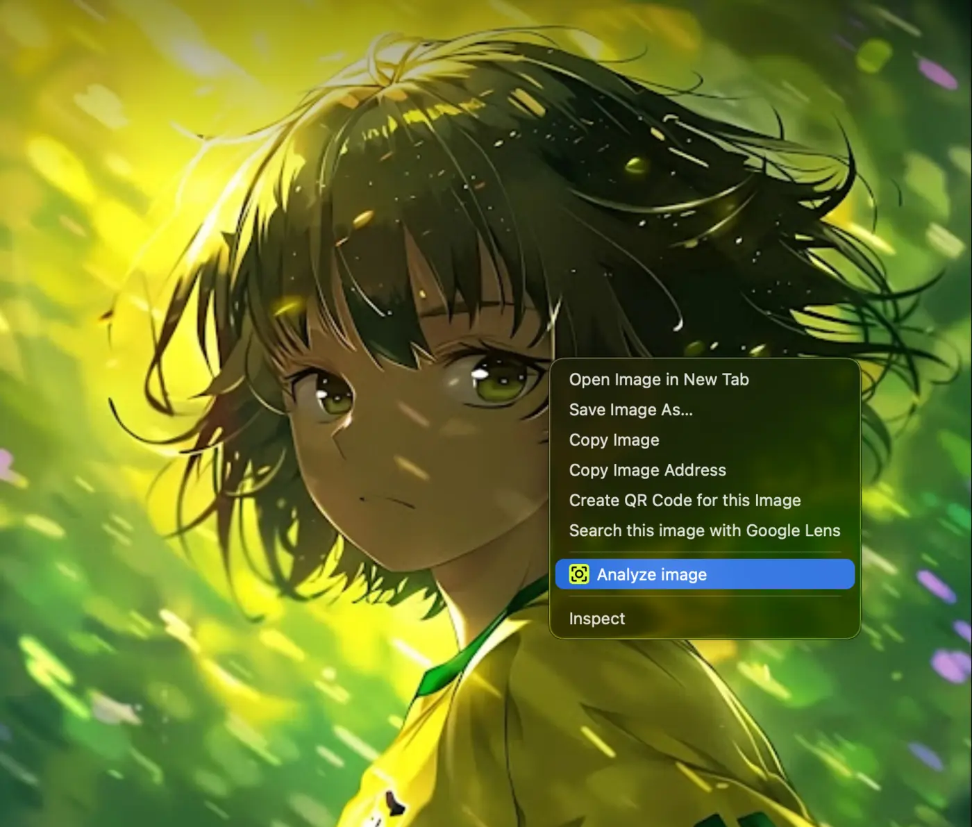 Analyze image command in the browser right-click menu